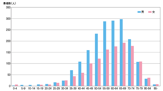 日本のALS患者の発症年齢別・性別分布（2003年度）（特定疾患医療受給者証ベース）